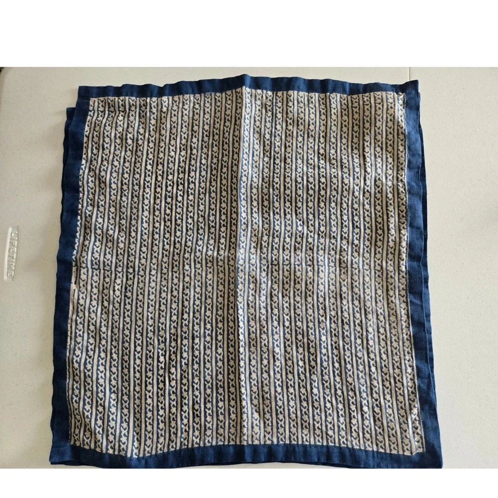 West Elm Marlowe Blue Beige Floral Striped 100% Linen Napkins Set of 2 20x20